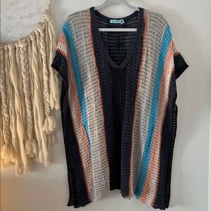 Goddis Navy Striped Knit V-Neck Poncho